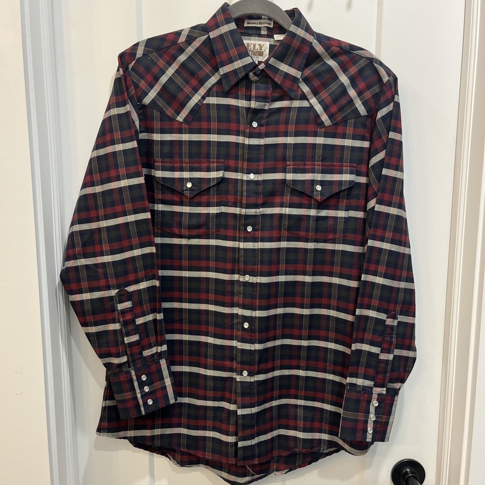 VTG Ely Cattleman Mens LS Pearl Snap Western Shirt Plaid Lightweight Size Medium